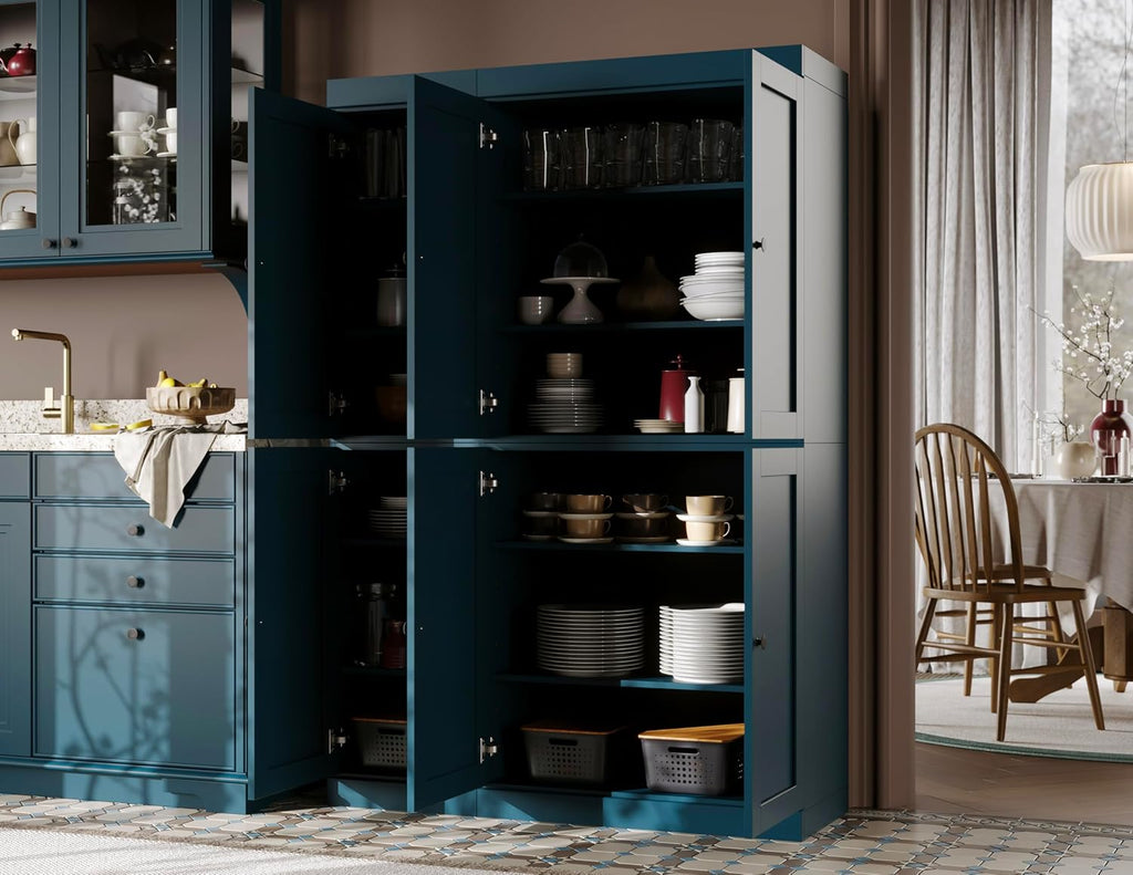 Palace Imports Solid Wood Kitchen Pantry Cabinet 71.5" Tall, 48.5" Wide – Wooden Storage Cabinet w/ 6 Shaker Doors & 8 Adjustable Shelves – Teal Blue, 100% Renewable Eco-Friendly Wood, Made in Brazil