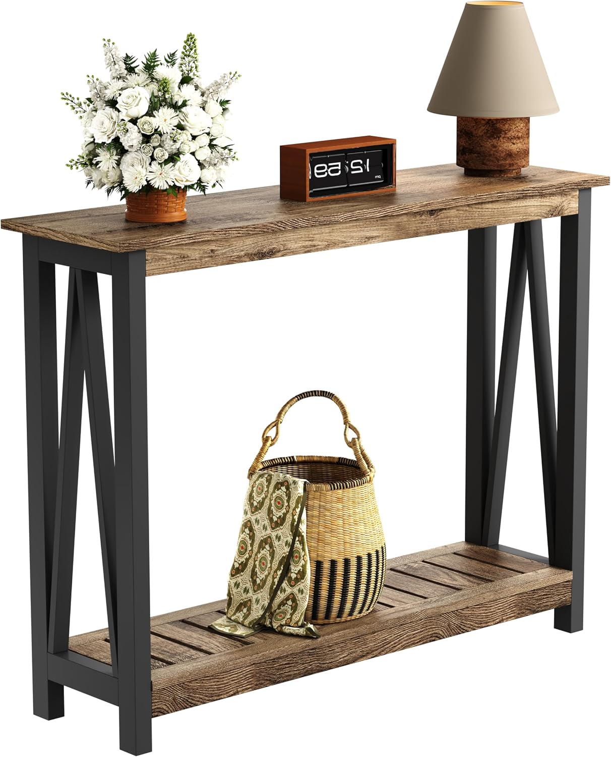 ChooChoo Farmhouse Console Table, Narrow Sofa Table for Entryway, 40 Inch | Rustic Entryway Table for Living Room, Hallway, Rustic Oak & Black