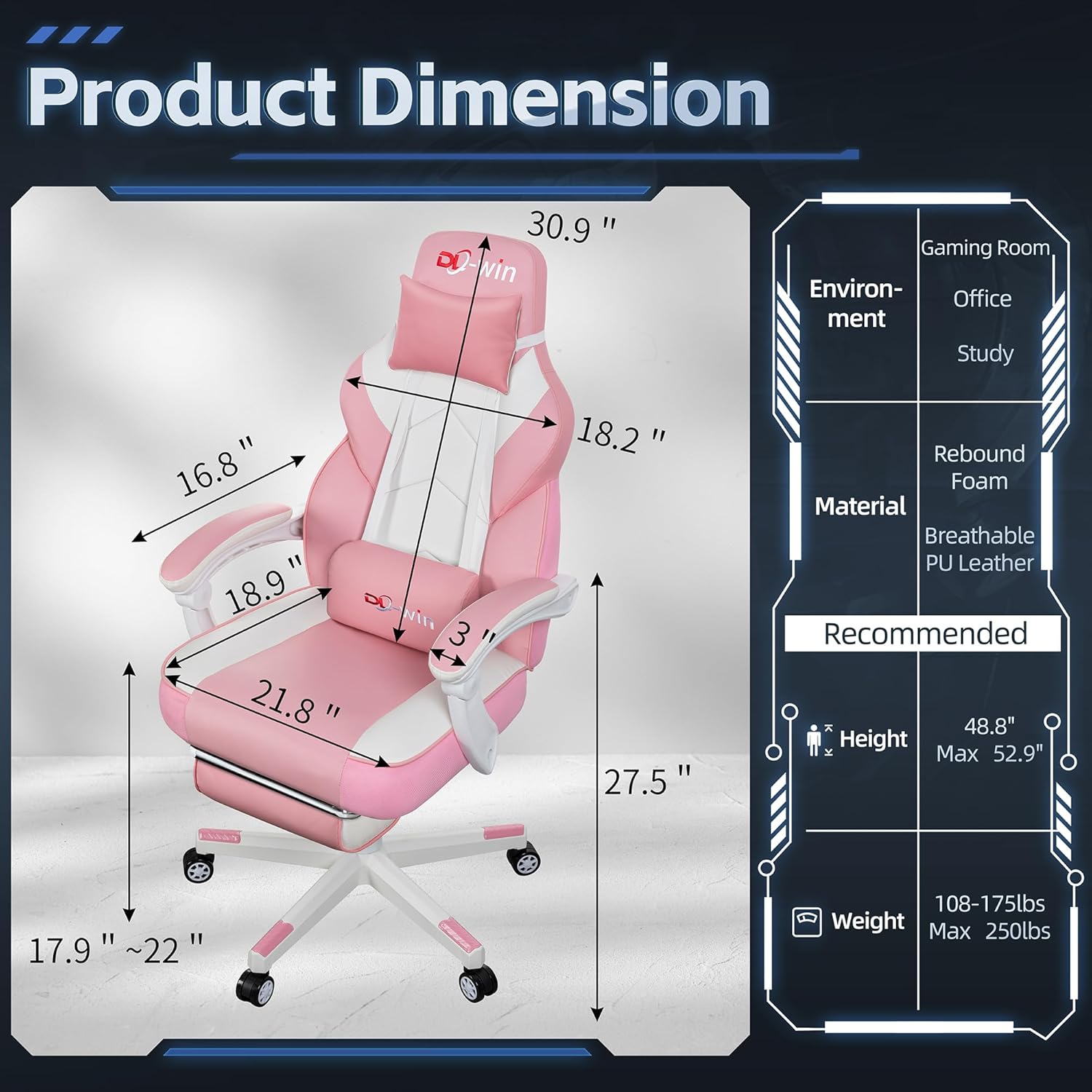 Gaming Chair with Footrest & Lumbar Support, Ergonomic Racing Style Computer Chair, 360° Swivel Height Adjustable Video Game Chair, Massage Office Chair Gaming Equipment, Pink