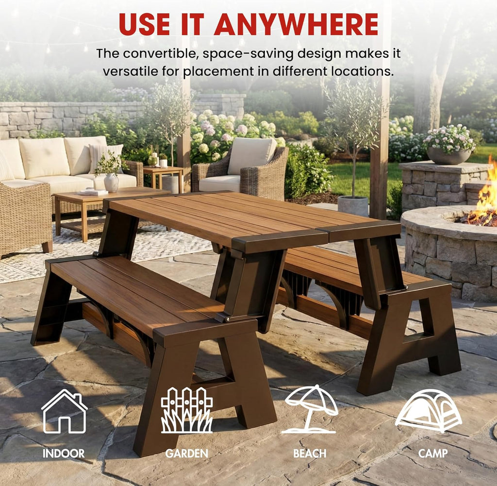 Convert-a-Bench Gen 1 2-in-1 Outdoor Convertible Bench to Picnic Table | Space-Saving, Weather-Resistant Patio Furniture for Yard, Deck, Garden | Easy Assembly & Durable Bench, Espresso