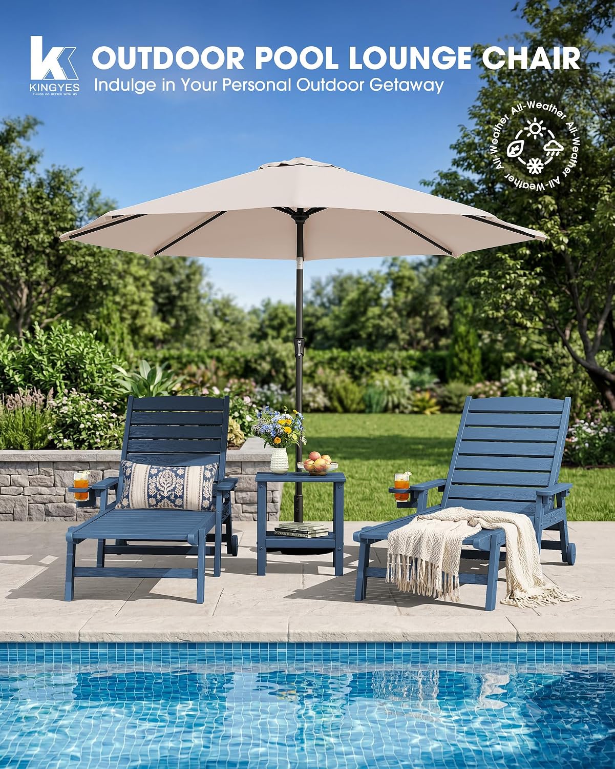 KINGYES HDPE Lounge Chair Outdoor Set of 2, Patio Chaise Lounge Recliner with Cup Holder All Weather Pool Lounger for Outside, Blue