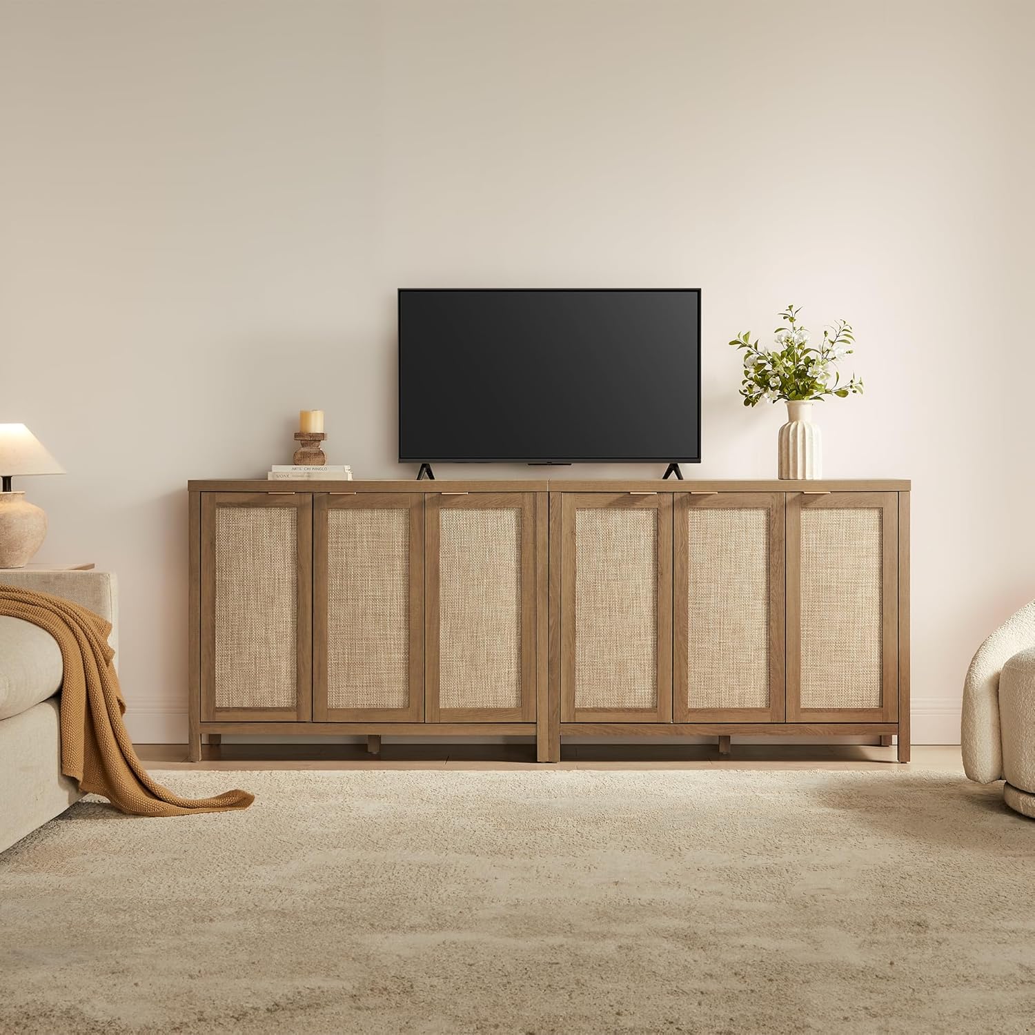 SICOTAS Rattan Buffet Cabinet with Storage 43.5" Sideboard Cabinet with 3 Doors & Adjustable Shelves Wood Sideboard Credenza Storage Cabinets for Entryway Living Room Reclaimed Caramel Oak