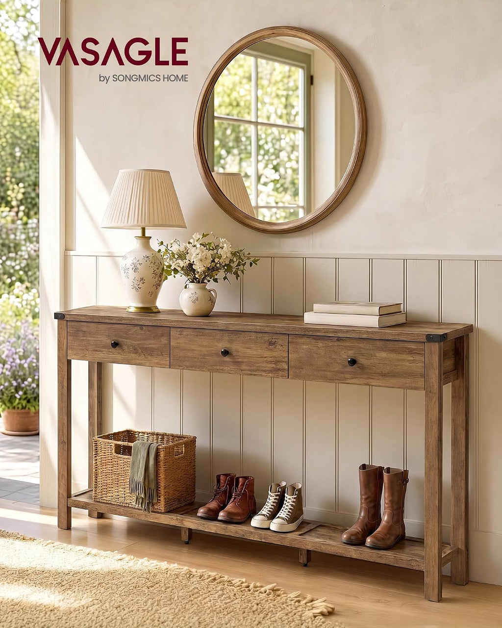 VASAGLE LIRY Collection Narrow Console Table with 3 Drawers and Storage Shelf, Long Sofa Table 9.4 x 63 x 29.9 Inch, Easy Assembly, for Entryway, Living Room, Farmhouse Style, Honey Brown ULNT148K101