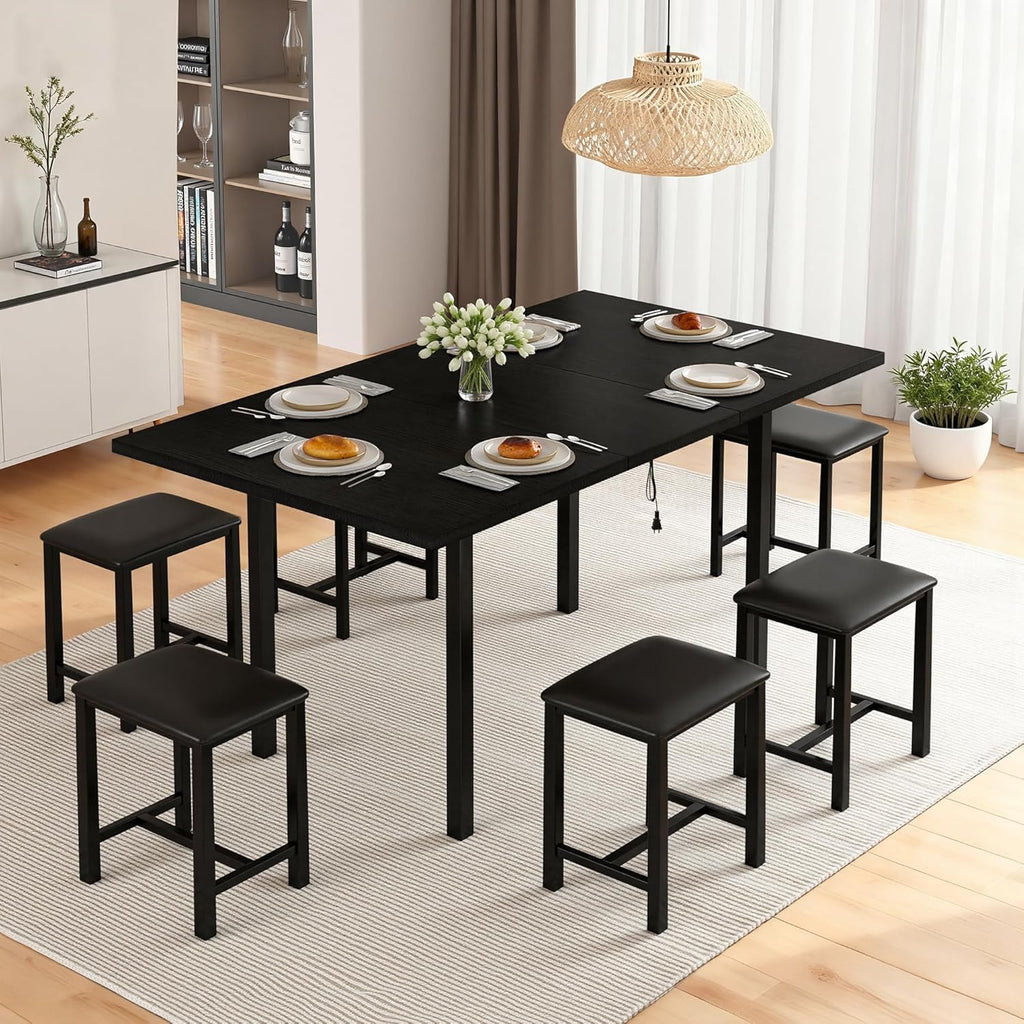 VECELO 7-Piece Dining Table Set, 63" Large Extendable Kitchen Table Set with USB Charging, Metal & Wood Support, Table with 6 PU Upholstered Stools, for 4-6, Small Space Saving Design, Black