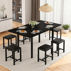VECELO 7-Piece Dining Table Set, 63" Large Extendable Kitchen Table Set with USB Charging, Metal & Wood Support, Table with 6 PU Upholstered Stools, for 4-6, Small Space Saving Design, Black