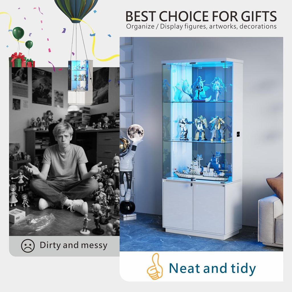 Lvifur 71” Tall Display Cabinet with Glass Doors, Modern Curio Cabinet Display Cases for Collectibles, Living Room Bookcase Locking Cabinet with Lights & Human Body Sensor, Gift for Father (White)