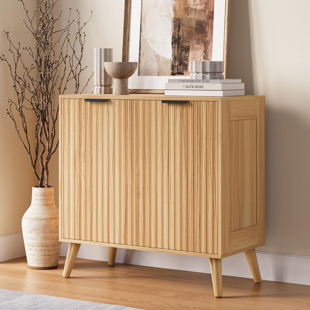 Fluted Sideboard Buffet Cabinet with Storage, 2 Doors Modern Sideboard Cabinet for Living Room, Wood Coffee Bar Cabinets with Adjustable Shelves Accent Credenza for Kitchen, Entryway, Natural