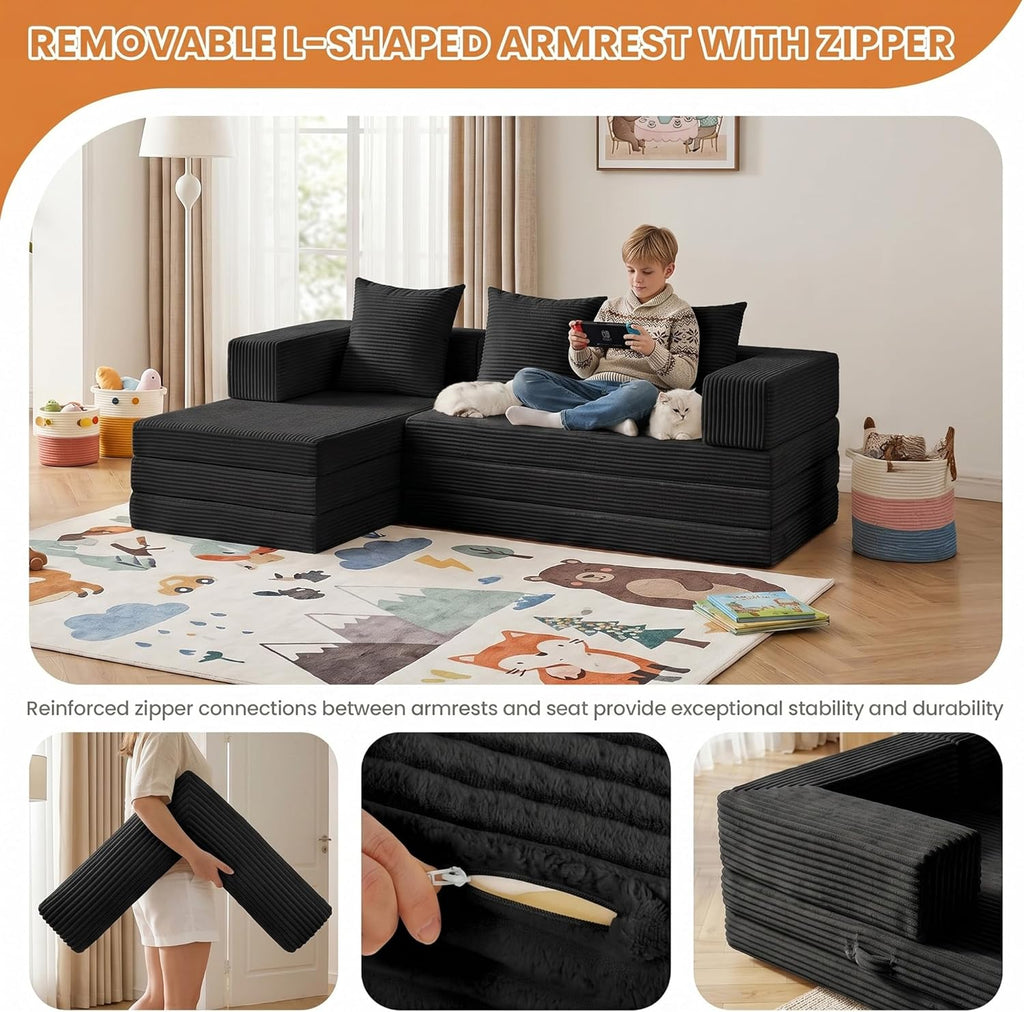 65" Boneless Couch,Convertible Sleeper Sofa Bed, Modular Sectional Sofa, Modern Tri-Folding Cloud Couch with L-Shape Chaise, Corduroy Futon Couches for Living Room Small Spaces Apartment,No Assembly