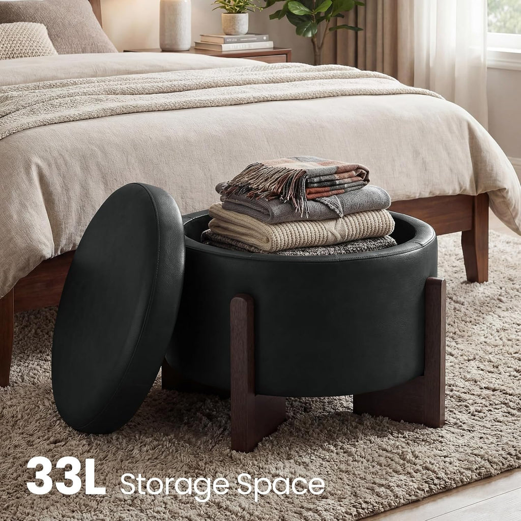 Faux Leather Round Ottoman, 22 Inch Storage Ottoman,PU Leather Ottoman,Multi-Functional Footrest for Living Room & Bedroom,Apartments (Black, Round)