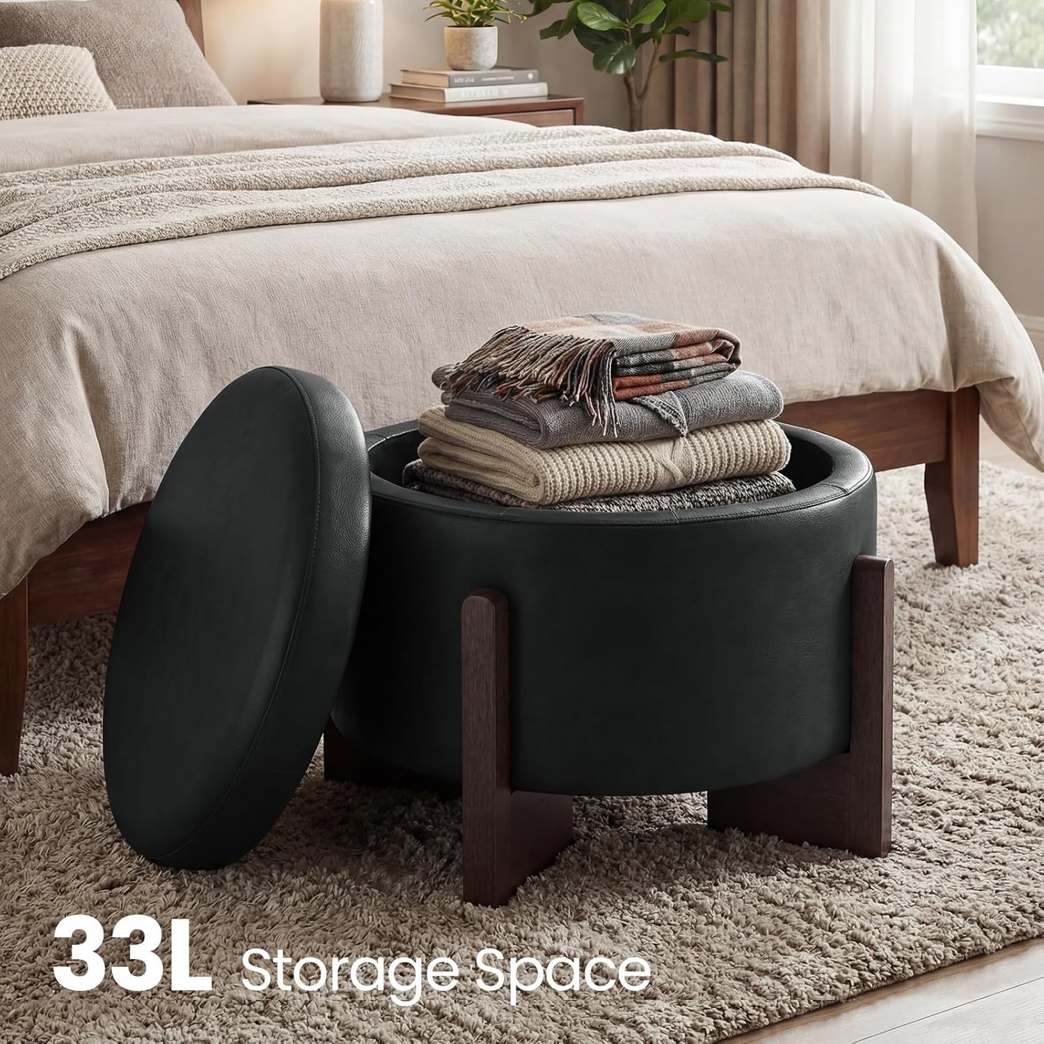 Faux Leather Round Ottoman, 22 Inch Storage Ottoman,PU Leather Ottoman,Multi-Functional Footrest for Living Room & Bedroom,Apartments (Black, Round)