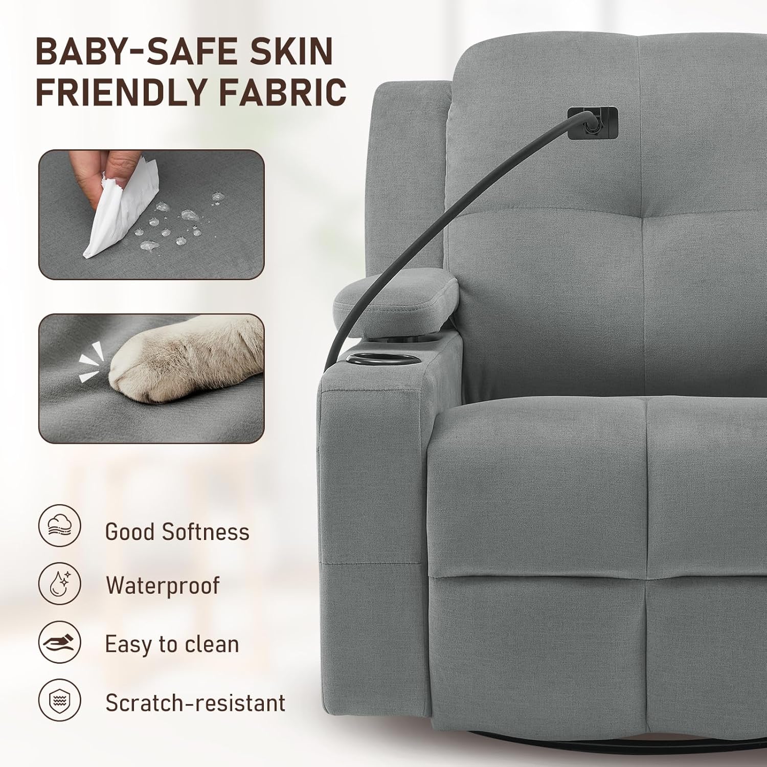 Furnimart Power Rocking Chair Nursery with Adjustable Armrests, Triple Motor Glider Recliner Swivel Nursing Chair for Breastfeeding with Phone Holder, Side Storage, Soft Waterproof Fabric, Dark Grey
