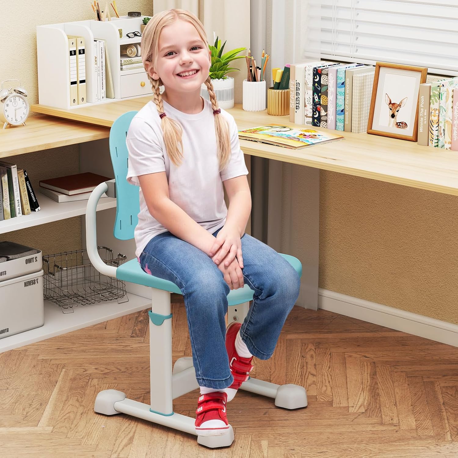 HONEY JOY Kids Desk Chair, Children Study Chair with Adjustable Height/Foot Pads, Adaptive Double Backrest, Kids Computer Chair for Teens Girls Boys, Home, School, Office (Blue)