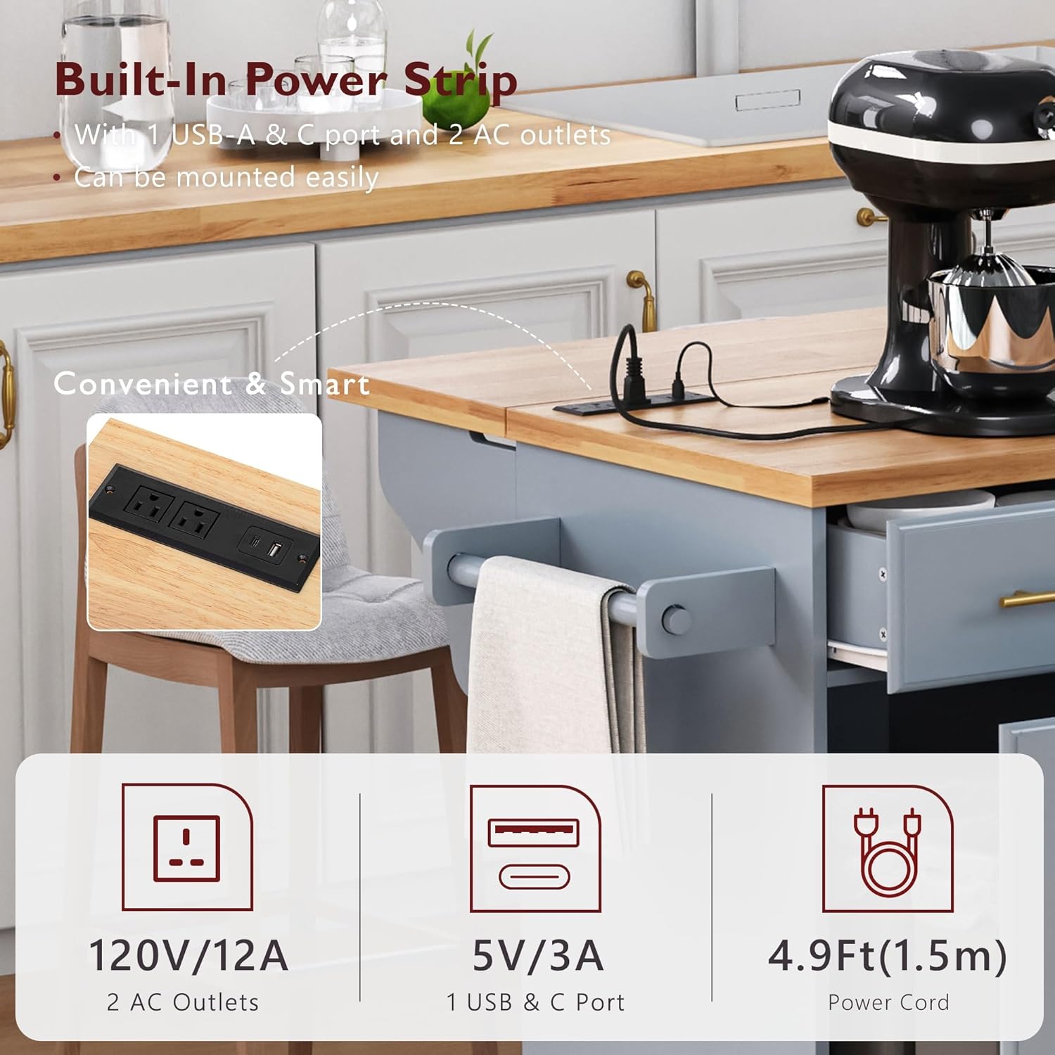 59.3" Kitchen Island with Drop Leaf and Pull Out Trash Can Storage Cabinet, Rolling Kitchen Island Table with Power Outlet, Spice & Towel Rack for Kitchen, Dining, Grey Blue