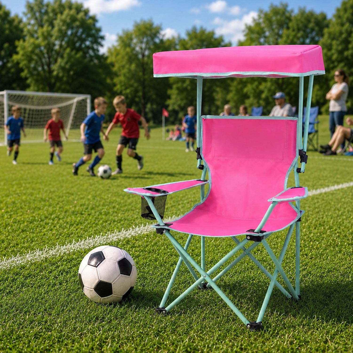 Kids Folding Canopy Chair with Safety Lock, 125 lb Capacity, Pink/Green | Portable kids canopy chair with safety lock, cup holder, and foldable frame for beach, lawn, camping, and sports sidelines.