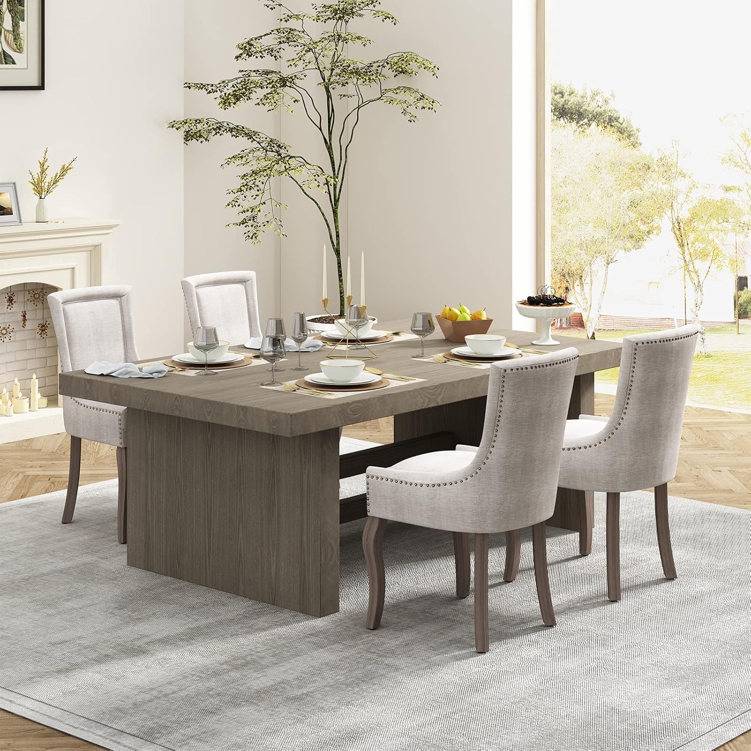 Upholstered Dining Chairs Set of 2, Beige Fabric Kitchen Chair with Nailhead Trim, Farmhouse High Back Kitchen & Dining Room Chairs, Solid Wood Legs, Sillas de Comedor (Beige, 2 Pcs)