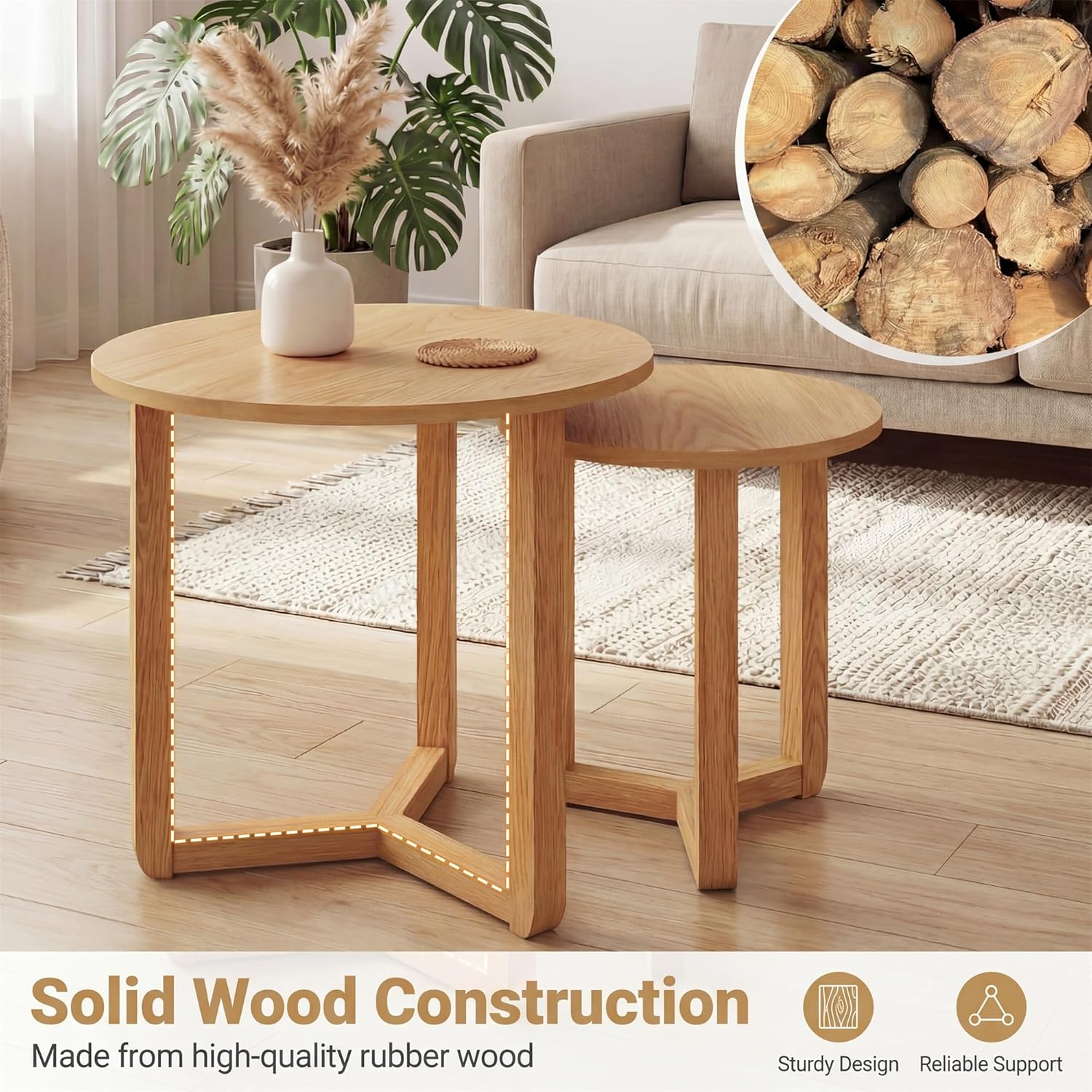 Tangkula Round Nesting Coffee Table Set of 2, Farmhouse End Tables with Solid Rubber Wood Tripod Legs, Compact Sofa Side Tables for Living Room Bedroom Small Spaces (Natural)