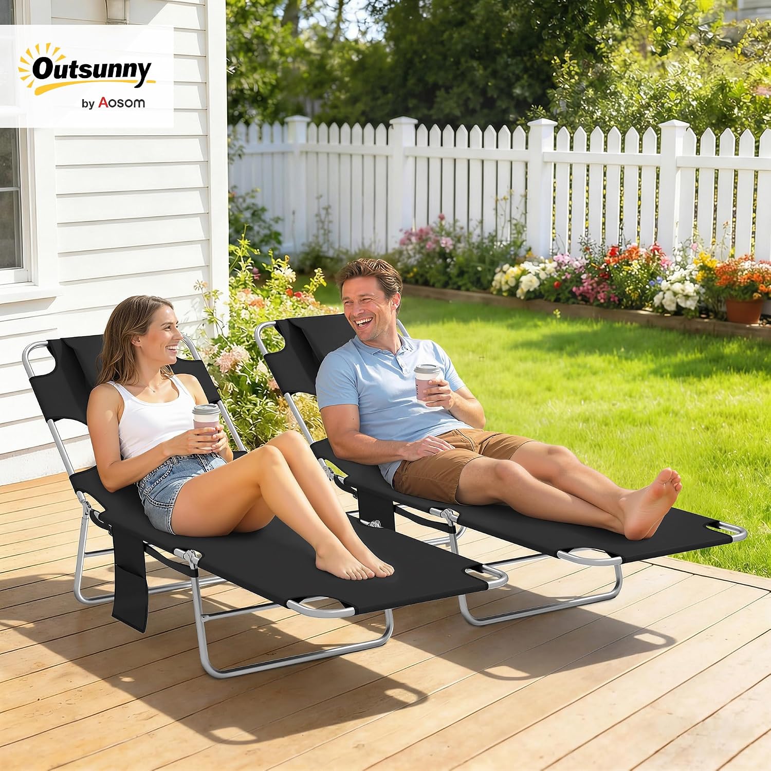 Outsunny Chaise Lounge Chair Outdoor Set of 2 with Face Arm Hole, 5-Position Reclining Face Down Tanning Chair with Carry Strap, Side Pocket, Portable Folding Bed Cot for Patio Beach Pool, Black
