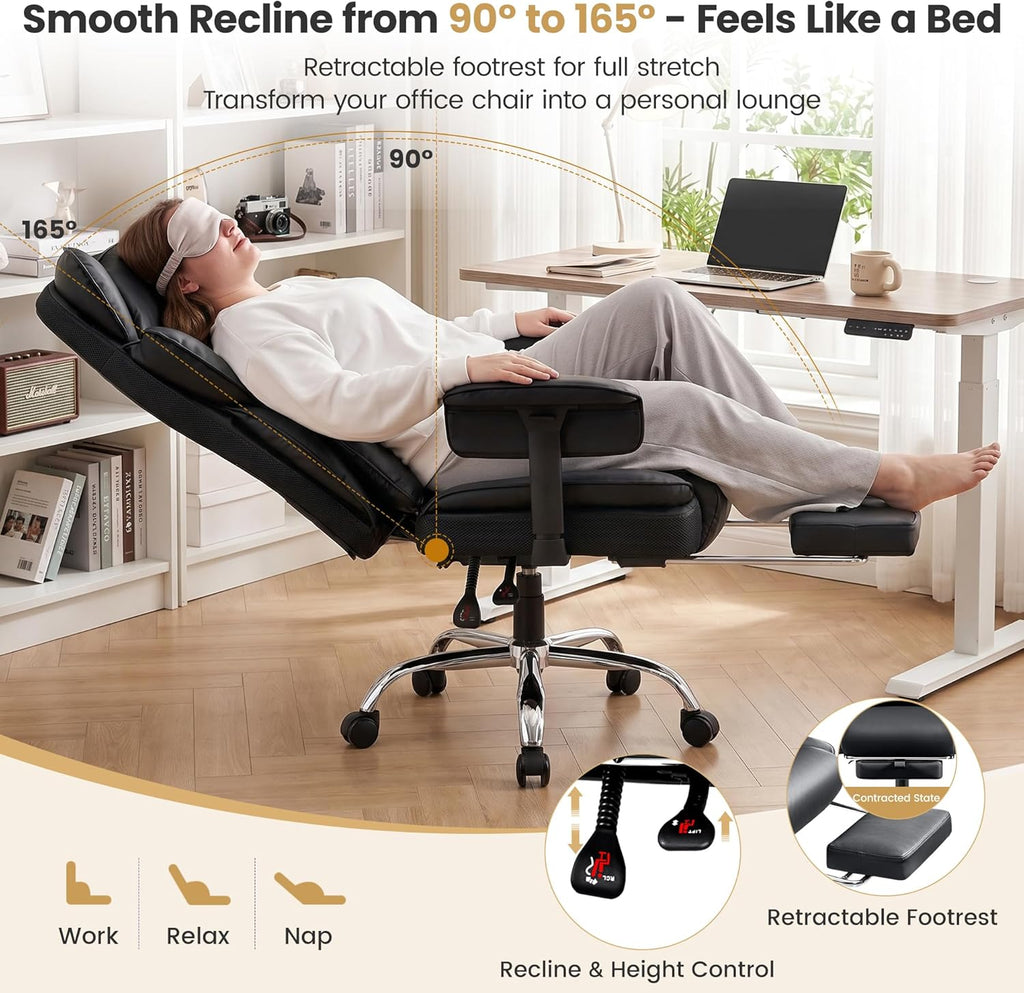 Big & Tall Office Chair 400 lbs – 21.3" Wide Seat High Back Ergonomic Executive Chair with Retractable Footrest, Heavy Duty Computer Gaming Chair for Heavy People, Black