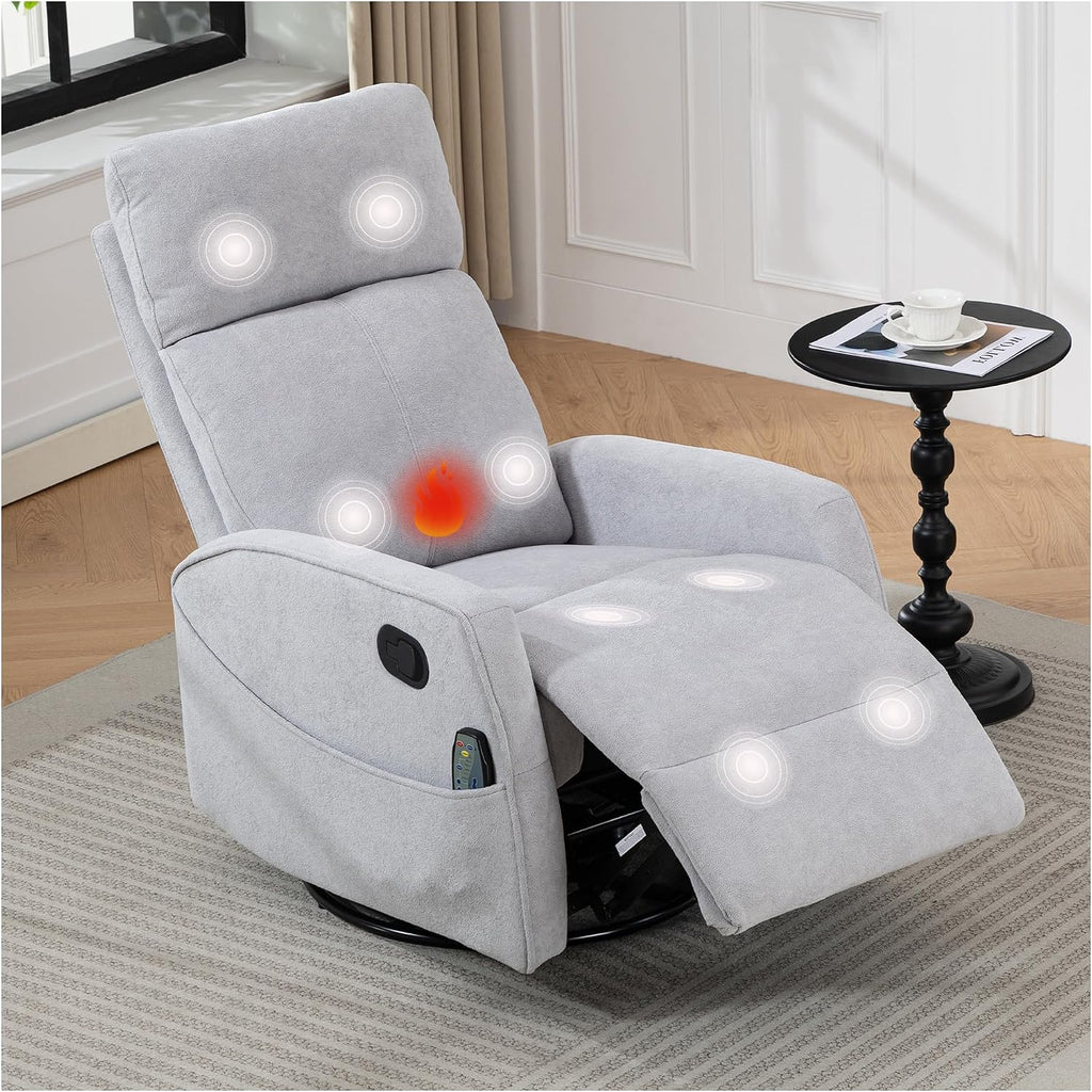 Heated Massage Swivel Rocker Recliner Chair for Nursery - Small Space Reclining Chair with Lumbar Support, 360° Swivel & Gentle Rocking, Ergonomic High Back Short Plush Light Grey