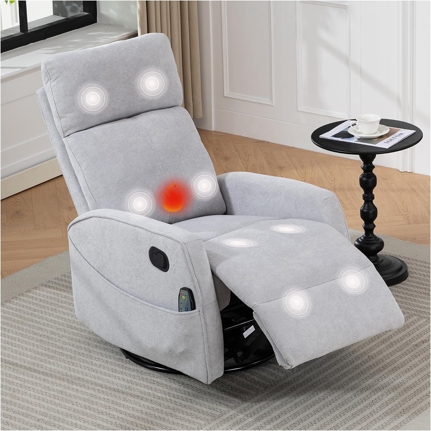 Heated Massage Swivel Rocker Recliner Chair for Nursery - Small Space Reclining Chair with Lumbar Support, 360° Swivel & Gentle Rocking, Ergonomic High Back Short Plush Light Grey