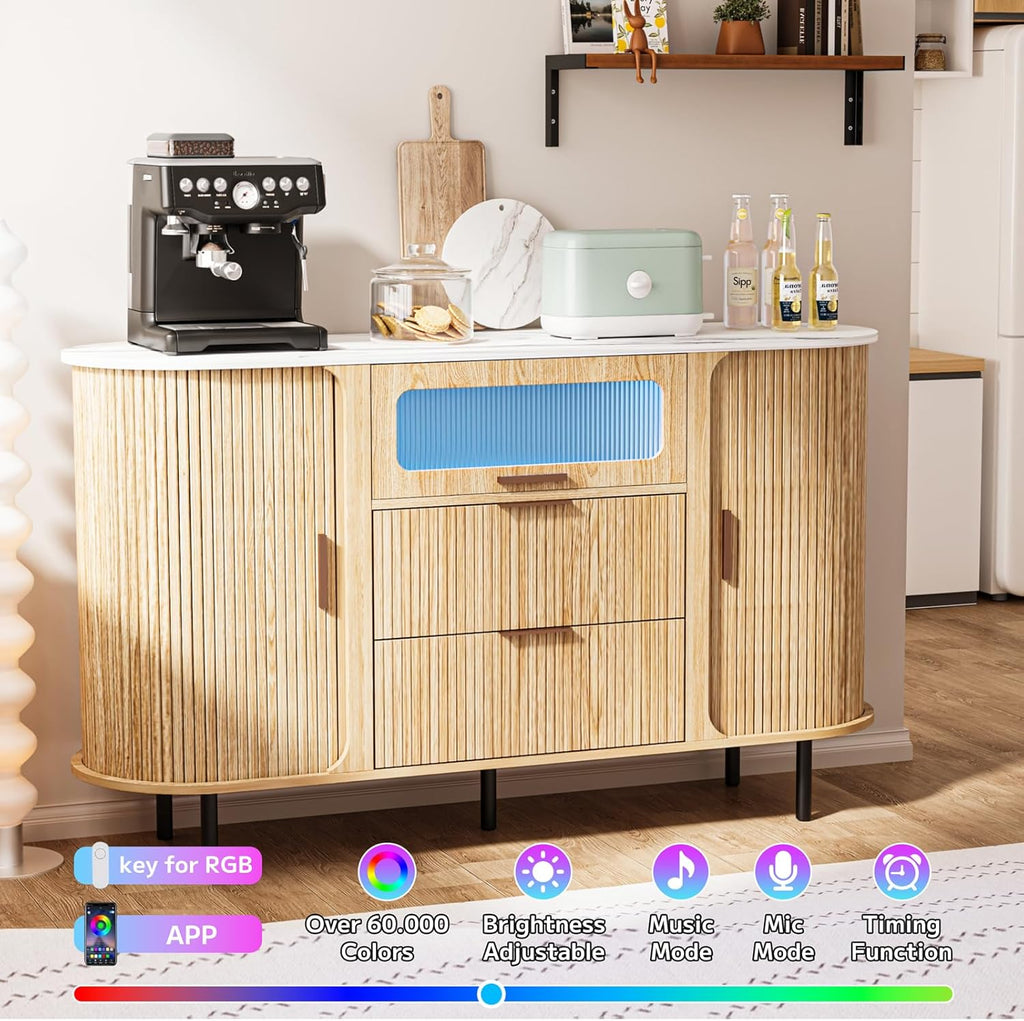 54" Fluted Sideboard Buffet Cabinet with Storage, Mid Century Coffee Bar with LED Light & Slide Doors, 2 Drawers, Modern Storage Cabinet for Kitchen, Living Room, Faux White Marble Top, Oak