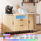 54" Fluted Sideboard Buffet Cabinet with Storage, Mid Century Coffee Bar with LED Light & Slide Doors, 2 Drawers, Modern Storage Cabinet for Kitchen, Living Room, Faux White Marble Top, Oak