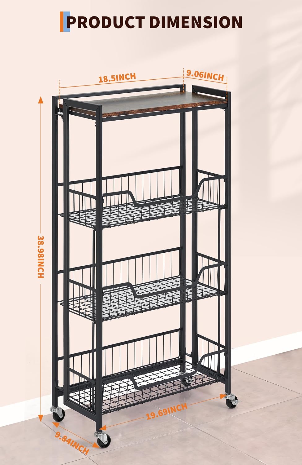 Garvee Large 4-Tier Foldable Storage Cart with Lockable Caster - 100Lbs Loading Capacity, Expandable Kitchen Organizer Storage Island, Heavy Duty Garage Shelving, Easy Foldable No Assembly Required