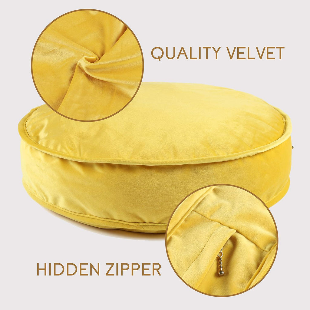Velvet Floor Pillows Round Chair Cushion Couch Throw Pillow Soft Pouf Seat Mattress Bean Bag for Reading Nook Play Room (25.6IN, Yellow)