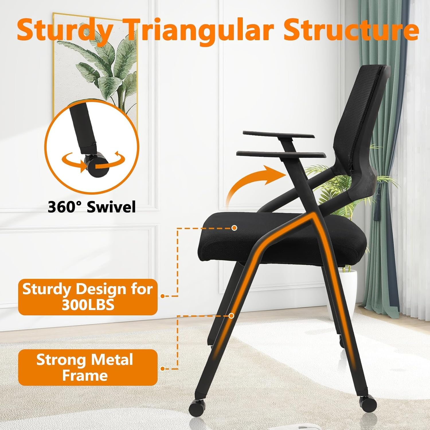 CLATINA Ergonomic Stackable & Foldable Conference Room Chairs, Mesh Office Chair with Arms and Wheels for Office Waiting Room Meeting Lobby Church School Receptions and Training Black