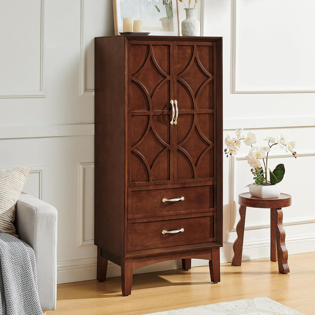 Mid Century Modern Tall Kitchen Pantry Cabinet – Retro Sideboard Buffet with Adjustable Shelves & Doors, Entryway Hallway Storage, Vintage Geometric Design for Living Room & Garage (Walnut)