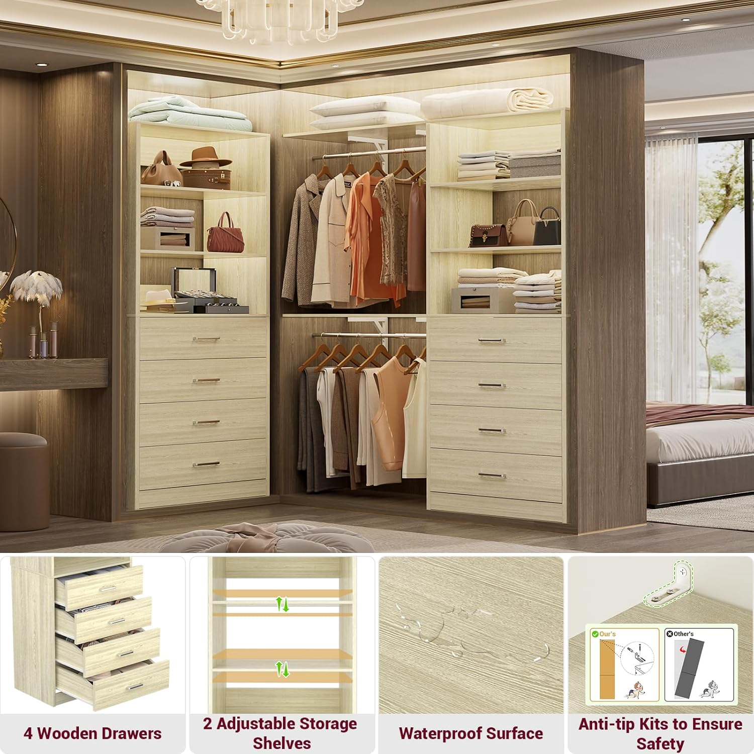 Aheaplus Closet Drawers Organizer System, 21.3" Wood Closet System with 4 Drawers, Modular Walk-in Closets Storage Unit, Tall Bookshelf Storage Cabinet, White Oak