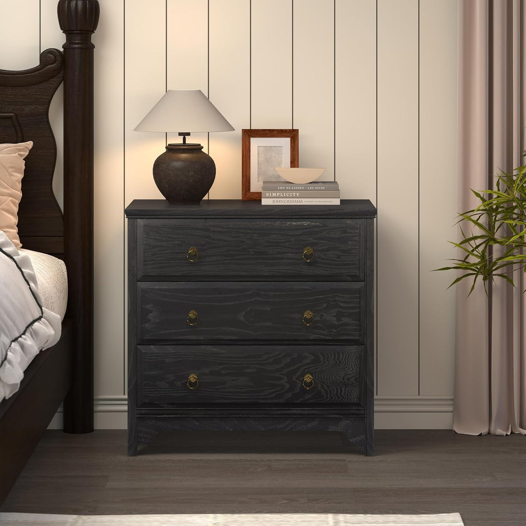 Chogori Farmhouse Solid Wood Nightstand, Rustic End Table with 3 Drawers & Vintage Ring Pulls, Sturdy Accent Side Table for Bedroom, Living Room, Hallway (Black-3 Drawers)