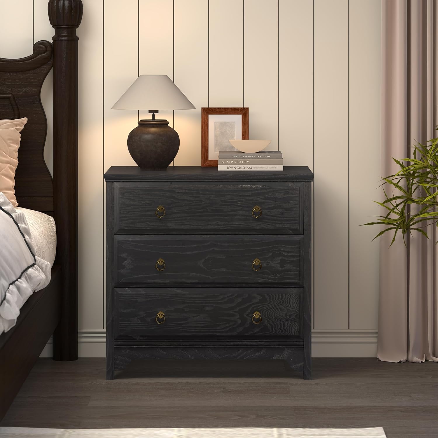 Chogori Farmhouse Solid Wood Nightstand, Rustic End Table with 3 Drawers & Vintage Ring Pulls, Sturdy Accent Side Table for Bedroom, Living Room, Hallway (Black-3 Drawers)