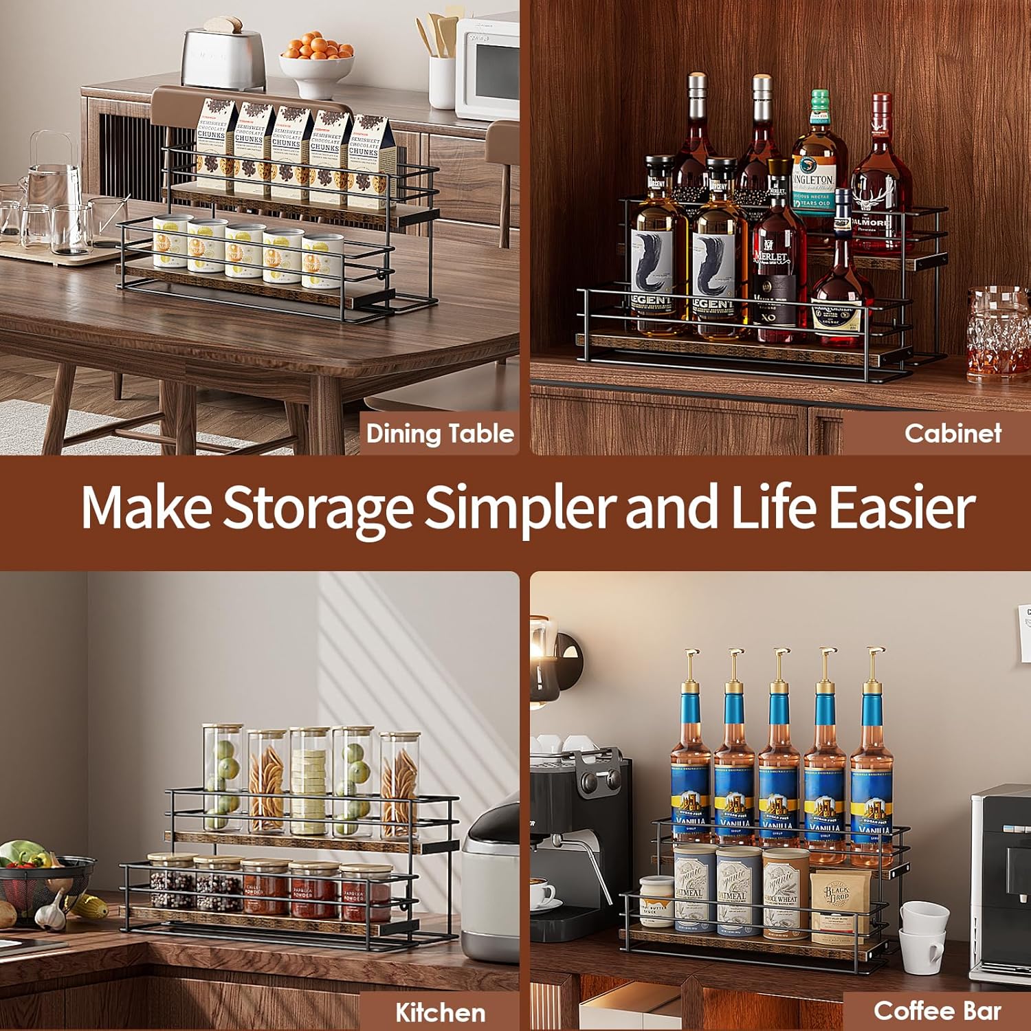 Nuovoware Coffee Syrup Organizer, 2-Tier 10 Bottles Bar Organizer, Separable Metal Rack with Wooden Base Whiskey Wine Dressing for Countertop Kitchen Coffee Bar, Black