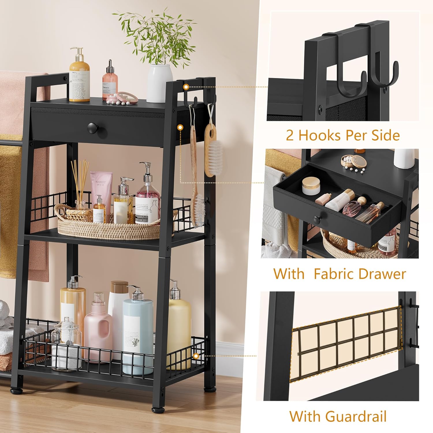 Gewudraw 2-in-1 Bathroom Ladder Shelf, 3-Tier Freestanding Towel Shelf with Drawer & Hooks, Storage Organizer for Bathroom, Laundry Room, Living Room, Balcony, Black