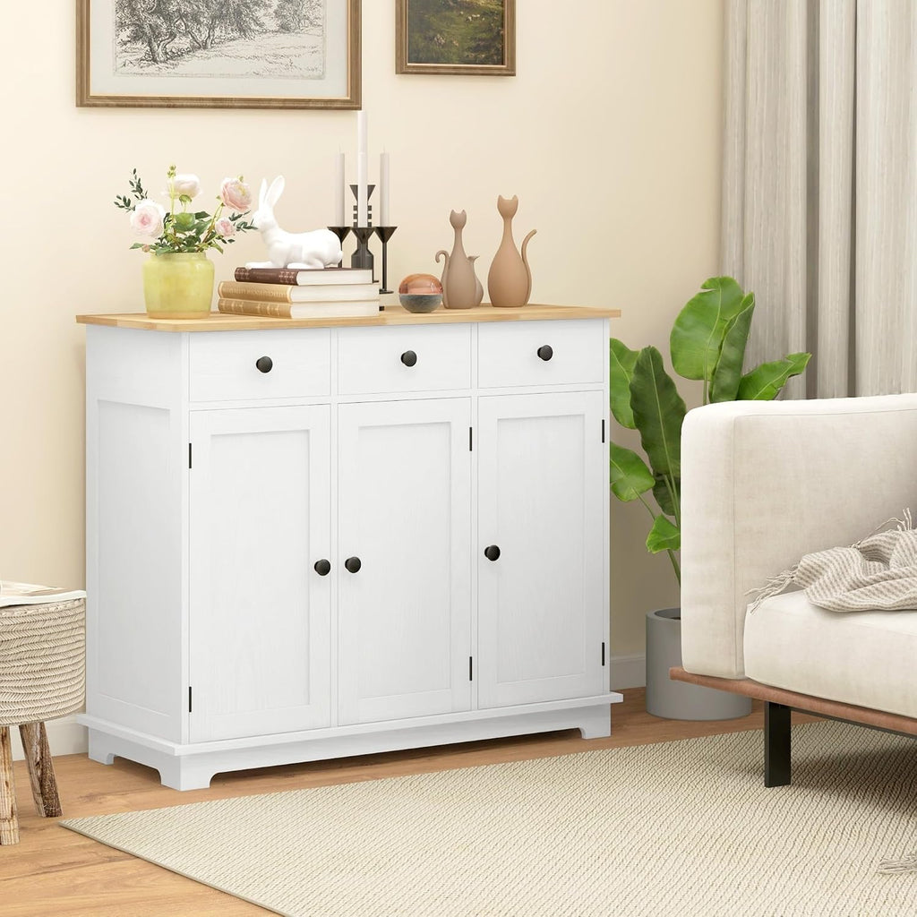Sideboard with Solid Wood Countertop, Modern Kitchen Storage Cabinet, Coffee Bar Cabinet with 3 Drawers, Doors and Adjustable Shelf, Distressed White,for Kitchen