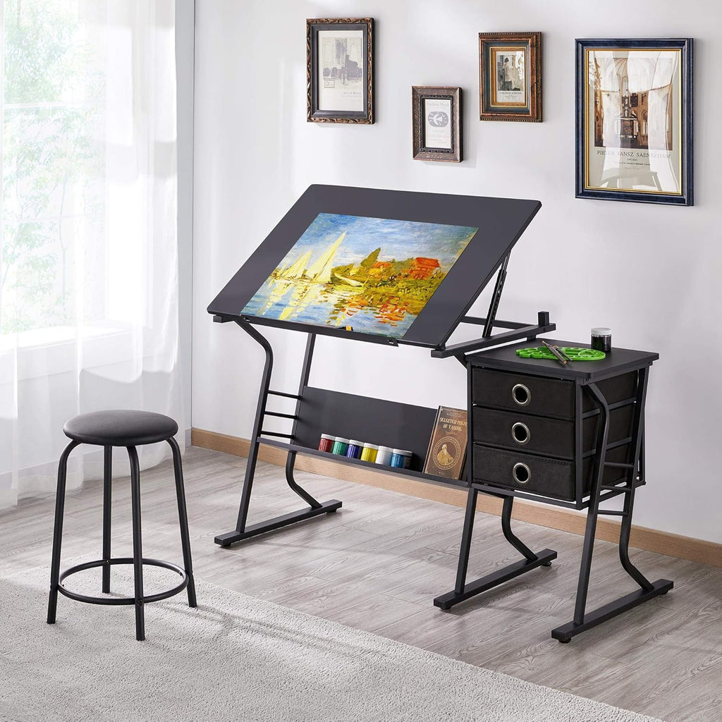 Yaheetech Drafting Table for Adults/Artists, Drawing Desk, Tabletop Adjustable Art/Craft Desk with Stool and 3 Slide Drawers, Sketching Painting Artwork Station for Art Studio Home Office School