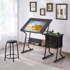 Yaheetech Drafting Table for Adults/Artists, Drawing Desk, Tabletop Adjustable Art/Craft Desk with Stool and 3 Slide Drawers, Sketching Painting Artwork Station for Art Studio Home Office School
