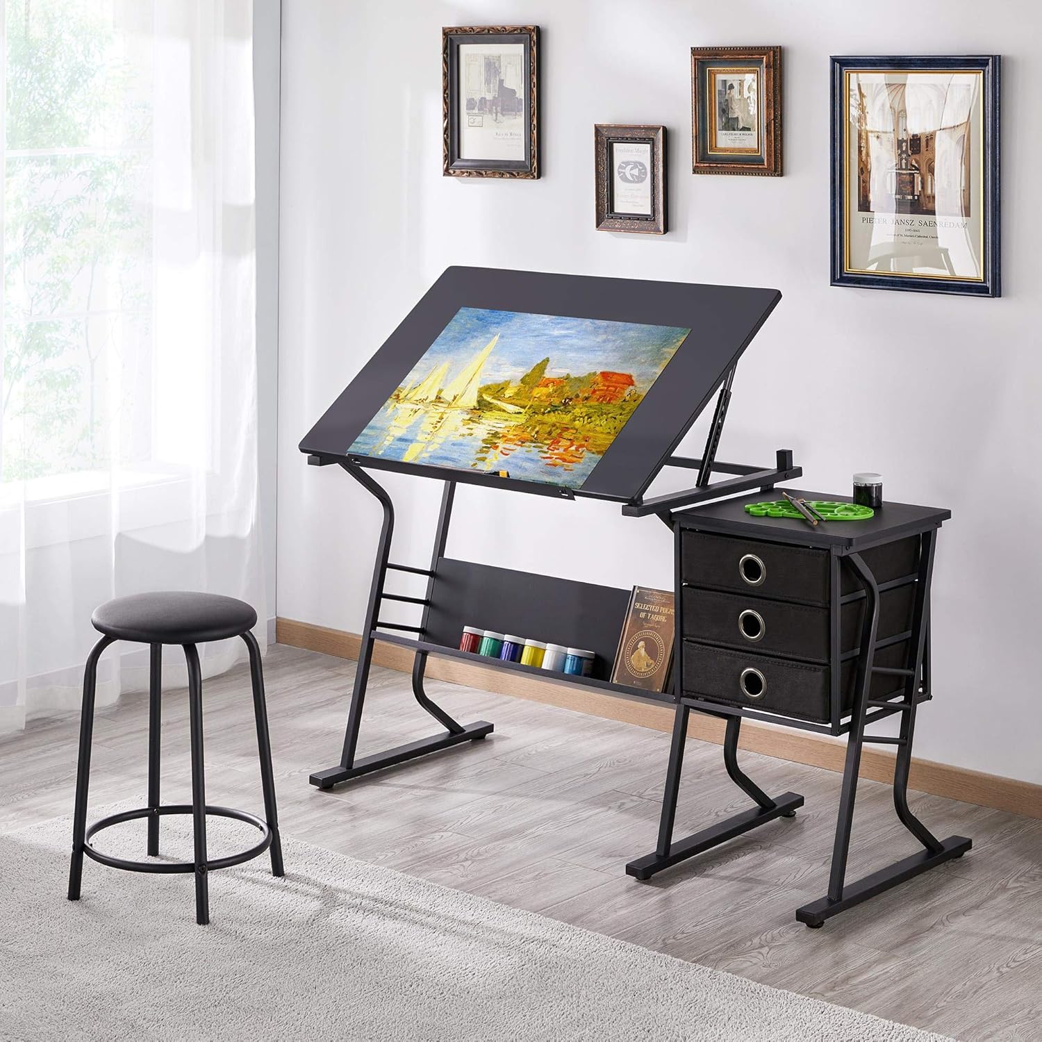 Yaheetech Drafting Table for Adults/Artists, Drawing Desk, Tabletop Adjustable Art/Craft Desk with Stool and 3 Slide Drawers, Sketching Painting Artwork Station for Art Studio Home Office School