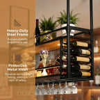 Wall Mounted Wine Rack with LED Light, Hanging Wine Bottle Holder Ceiling, 2-Layer Liquor Bottle and Glass Holder Display Storage,for Home Kitchen Din ing Room Living Room (31.49in/80cm)