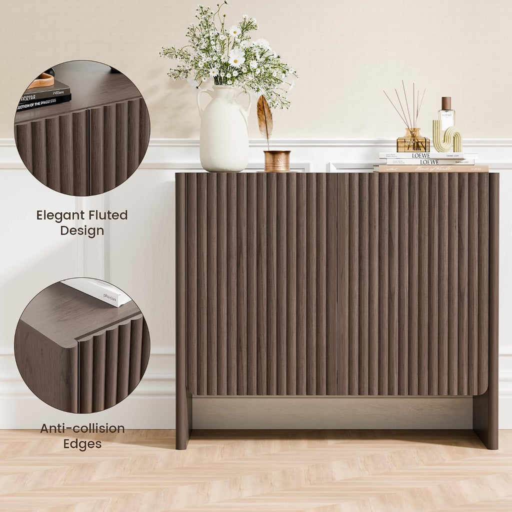 Fluted Sideboard Buffet Cabinet with Storage, 2-Door Wood Entryway Table with Curved Legs & Adjustable Shelves, Coffee Bar Cabinets for Living Room, Kitchen & Bedroom (Dark Walnut)