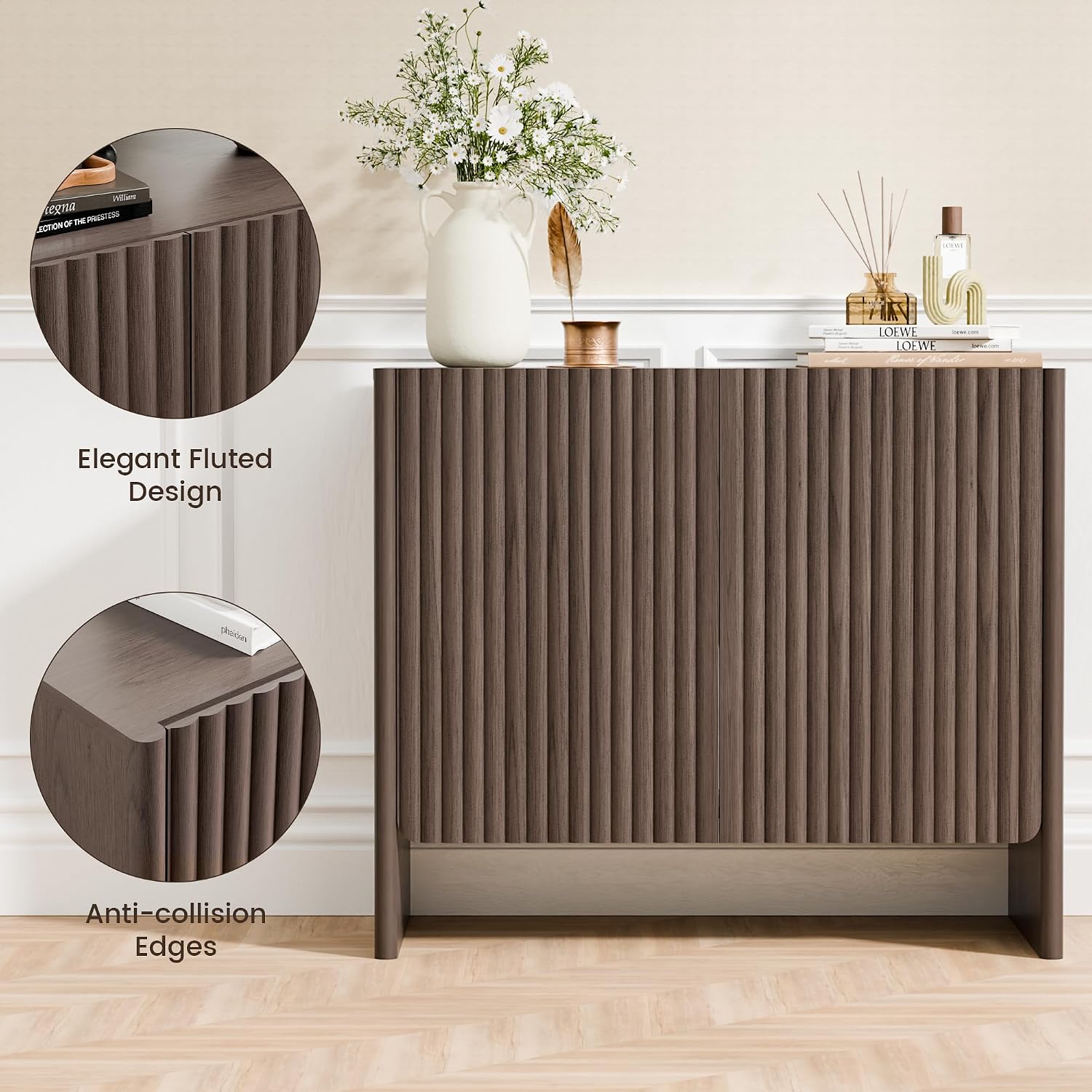 Fluted Sideboard Buffet Cabinet with Storage, 2-Door Wood Entryway Table with Curved Legs & Adjustable Shelves, Coffee Bar Cabinets for Living Room, Kitchen & Bedroom (Dark Walnut)