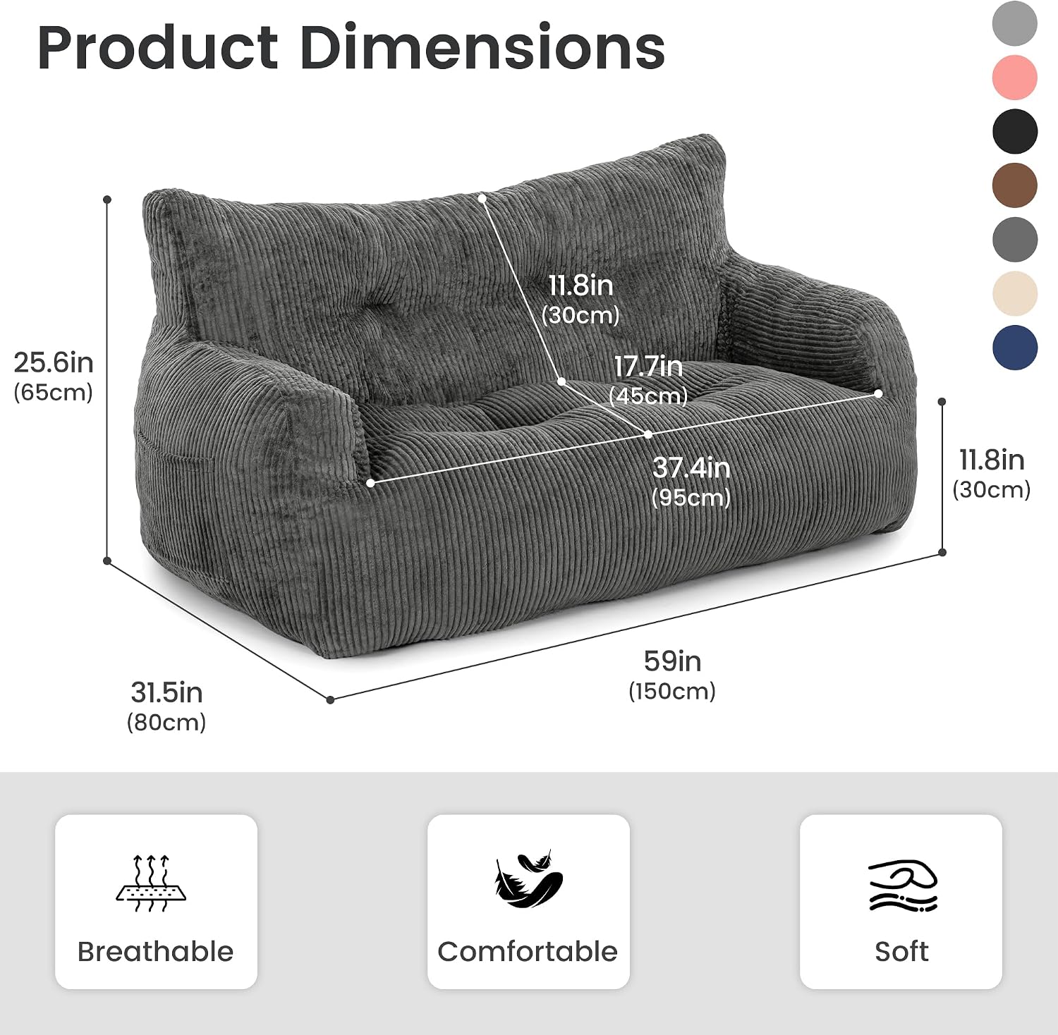59" Bean Bag Chair,2 Seat Loveseat Sofa,Corduroy Lazy Sofa Bed for Adults,Fit Living Room, Bedroom,Outdoor Spaces,Ultra Soft Dutch Velvet,Fluffy Comfort Cover,Grey