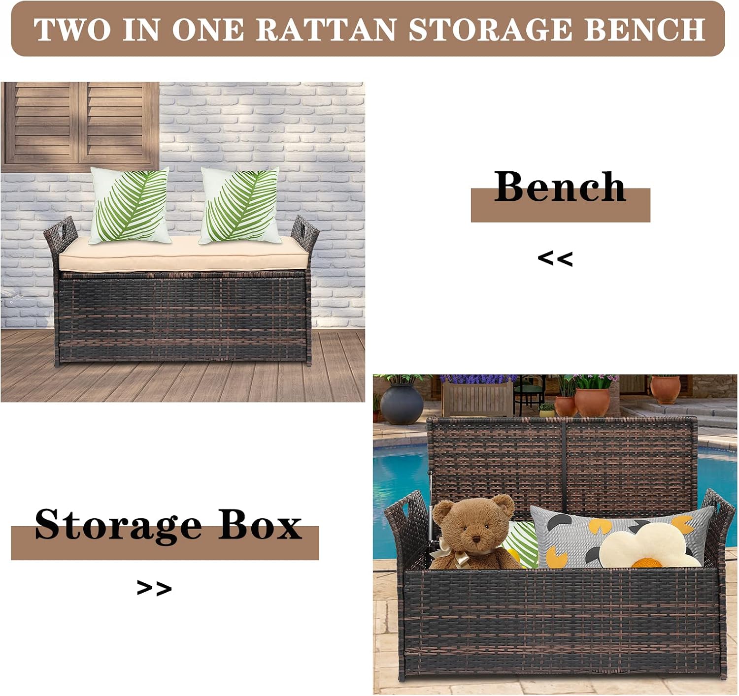 Outdoor Storage Bench, Wicker Rattan Deck Box with 2-Inch Thick Soft Cushion, Water Resistant Cushion Cover with Zipper for Patio Backyard Deck Poolside, Brown Gradient, 42 Inch