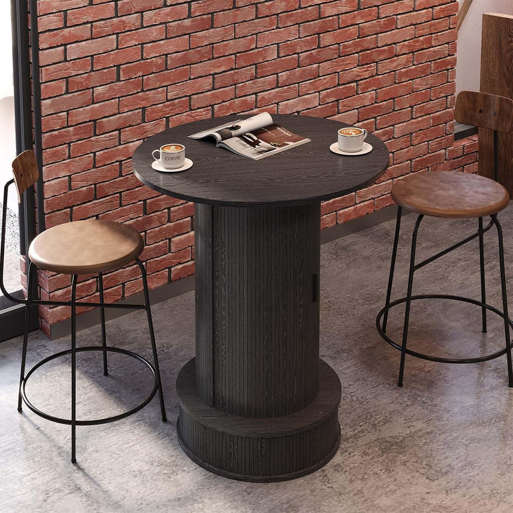 Small Round Bar Table with Slide Door & Hidden Storage, 38" High Bistro Pub Table with Footrest, Wooden Cocktail Table for Home Bar, Kitchen, Living Room, Black