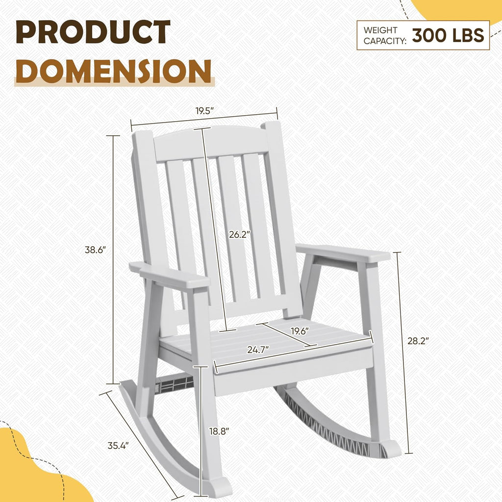 Greesum Outdoor Plastic Rocking Chair Set of 2, Patio Rocking Chair for Outside, Waterproof & Rust-Proof, Supports 300 lbs, Suitable for Garden Lawn Front Porch Poolside – White