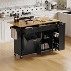 ONBRILL Kitchen Island with Storage, Island Table with Drop Leaf and Power Outlet, Kitchen Island on Wheels with Trash Cabinet, Spice Rack & Towel Rack, Black