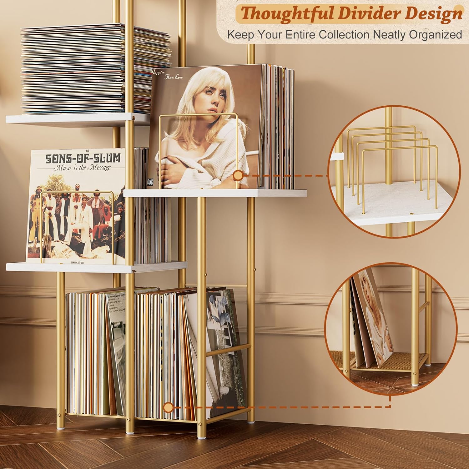 Record Player Stand, Vinyl Record Storage Holder with Display Shelf, Turntable Stand Table with Vinyl Organizer Dividers Album Rack, Vintage Style Record Cabinet Wood, Mid Century Modern Tall Console