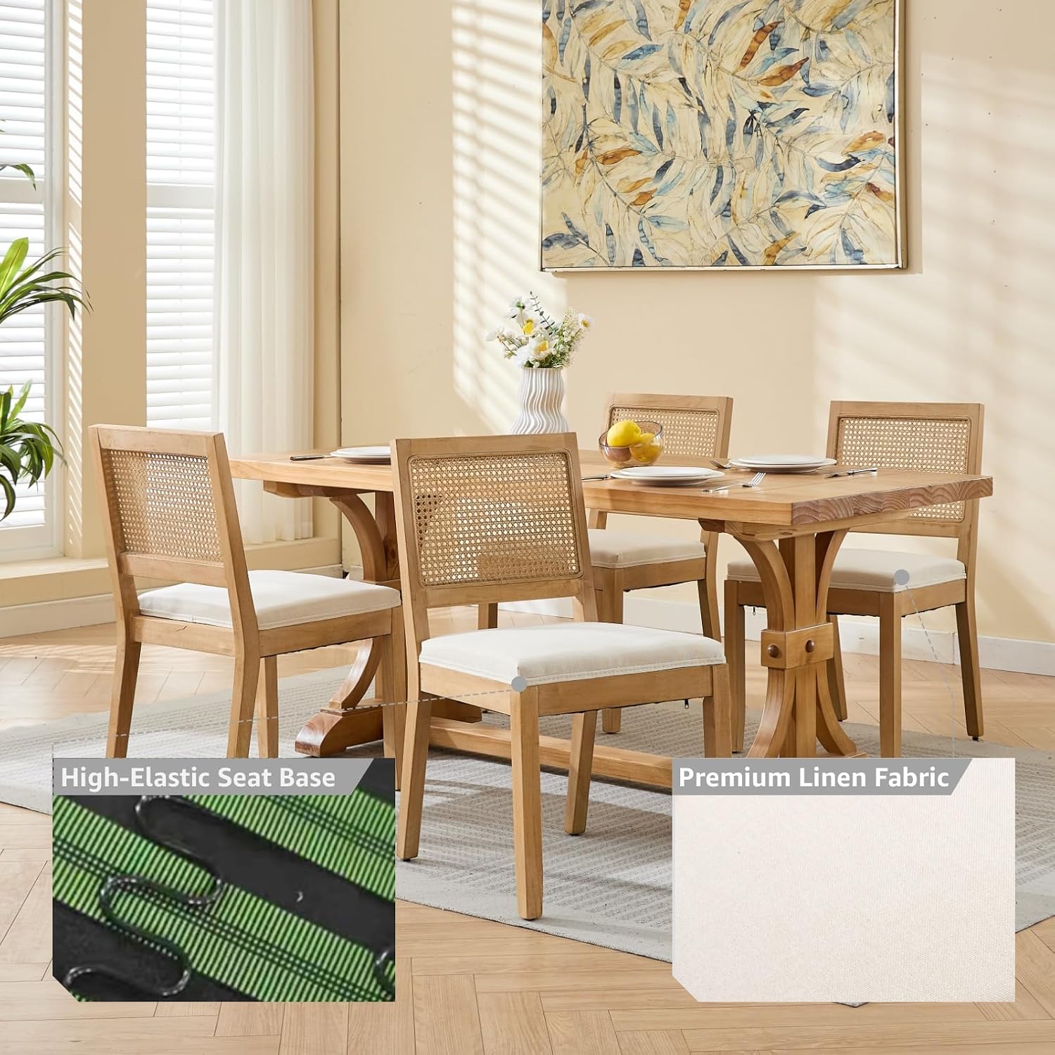 French Country Dining Chairs Set of 6, Beige Modern Kitchen & Dining Room Chairs, Rattan Dining Chair with Linen Upholstered Cushion, Low Cane Back, Wood Legs, Sillas de Comedor (Beige, 6 Pcs)