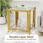 Luxury Gold Square Glass End Table, 19.7" Modern Side Table with Stainless Steel Irregular Leg Clear Tempered Glass Tabletop, Accent Furniture for Living Room (Clear, Set of 2)